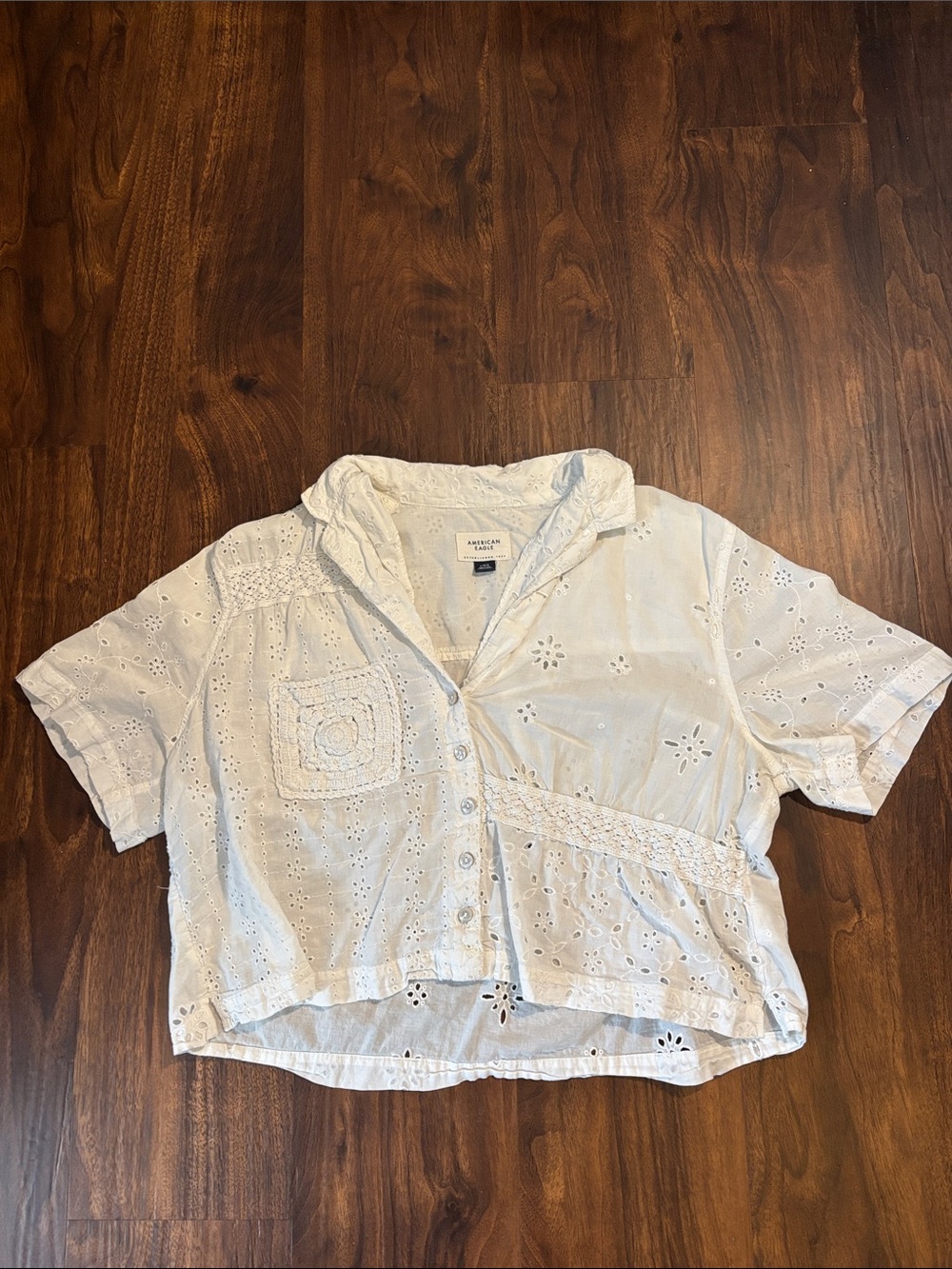 American Eagle Outfitters White Embroidered Buttoned Crop Top